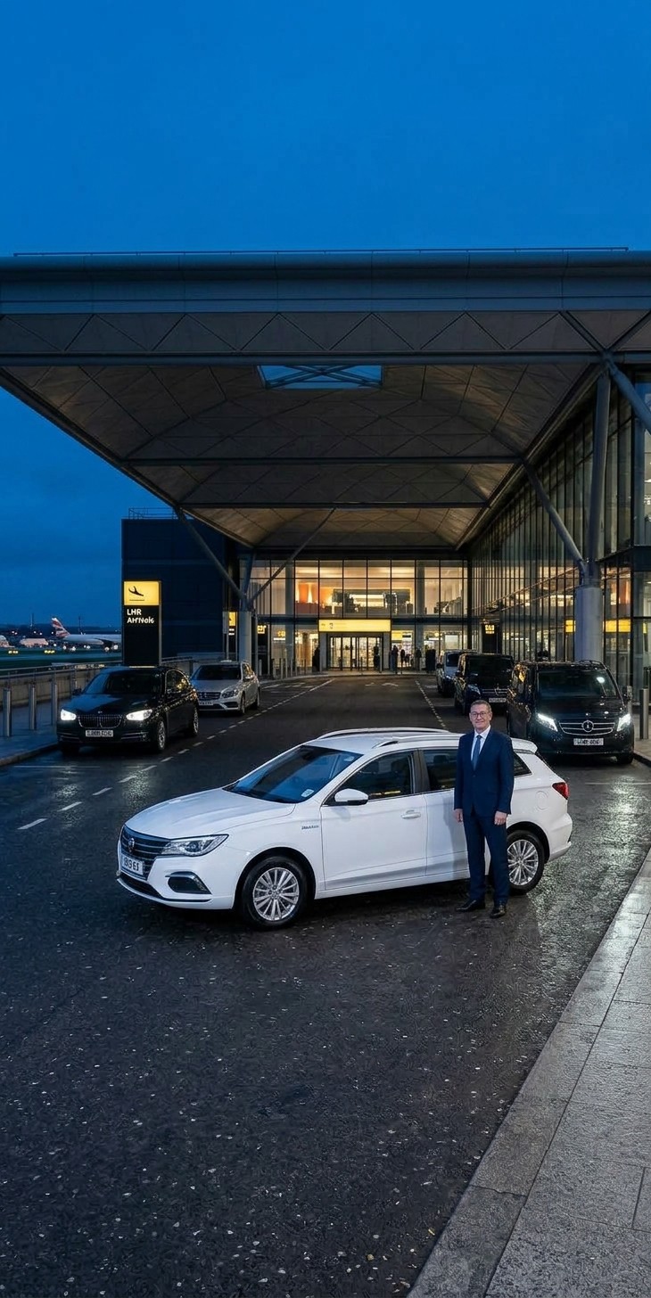 Mark standing beside his white electric estate car outside a Heathrow terminal